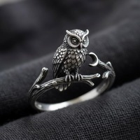 Owl Branch Ring Silver Gothic Animal Open Band Nature Jewelry