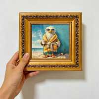 Funny Owl Beach Coffee Oil Painting, Coastal Bird Wall Art, Vacation Owl Decor, Coffee Lover Gift, W