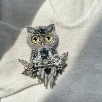 Owl Brooch Pin, Large Beaded Owl Pin, Handmade Bird Brooch, Whimsical Brooch, Christmas Gift for Owl