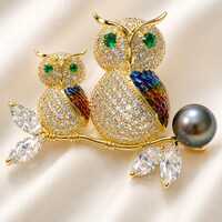 Owl Brooch Pin, Crystal Owl Family Brooch, Pearl Branch Bird Jewelry, Sparkling Statement Pin, Natur