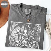 Bigfoot Alien Owl Shirt, Cryptid Campfire Tee, Reading Sasquatch T-Shirt, Forest Adventure Gift