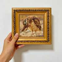 Cute Burrowing Owl Sandy Ground Wildlife Wood Framed Oil Painting, Earthy Rustic Bird Wall Decor 4x4