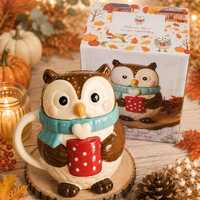 Cute Owl Mug with Lid. Autumn Ceramic Mug. Cosy Coffee Cup. Woodland Owl Gift. Novelty Tea Mug. Fall