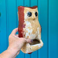 FREE SHIPPING-Antique Rare 1933 Tiller Chalkware Owl Wall Match Holder-Chippy Paint-Wall Pocket-Natu