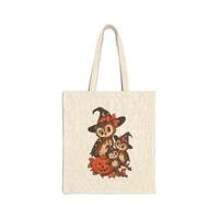 Vintage Halloween Owls Cotton Canvas Tote Bag | Witch Hats, Pumpkins | Family Holiday | Spooky Seaso