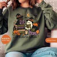 All Booked For Halloween Sweatshirt, Pumpkin Owl Graphic Hoodie, Spooky Retro Book Pullover