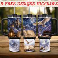 Magic Owl Tumbler Wrap PNG, Fantasy Spell Book, Celestial Castle, Wizard Art (Digital Download)