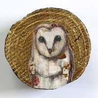 Barn Owl Painting: Mixed Materials Owl on Circular Wood Piece Woodland Art