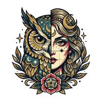 Whimsical owl vintage woman traditional tattoo digital download