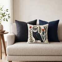 Owl Throw Pillow Cover and insert, Scandinavian Folk Art Pillow, Black Linocut Owl Woodland Decor, N