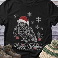 Owl Holidays T-Shirt | Santa Hat Woodland Animals Illustrations Christmas ForestCore Dark CottageCor