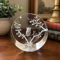 Vintage MCM Lucite Owl Paperweight Reverse Carved Intaglio 3D Floral Branch 3.5”