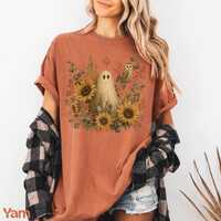 Halloween Ghost Owl Shirt, Cottagecore Sunflower Tee, Botanical Ghost Halloween Shirt, Vintage Fall 