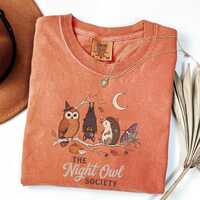 Night Owl Society Shirt, Cute Halloween Owl T-Shirt, Cozy Fall Woodland Animal Tee, Spooky Season Ba