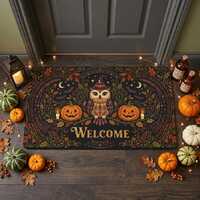 Folk Art Witch Owl Welcome Mat, Halloween Pumpkin Doormat, Spooky Cottagegoth Porch Decor, Autumn Ja