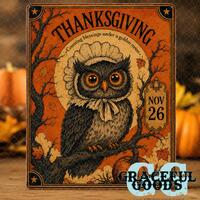 Vintage Thanksgiving Owl Printable 4:5, Primitive Fall Folk Art Label, Thanksgiving Digital Download