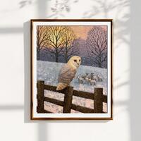 Winter Barn Owl Painting, Sheep in Snow Print, Sunset Wildlife Art, Christmas Holiday Decor  (Digita