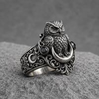 Owl Moon Ring, Gothic Owl Jewelry, Fantasy Statement Ring, Crescent Moon Ring, Mystical Animal Jewel