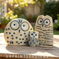 Decor Housewarming Gift Vintage Hand Drawn Resin Owl Family Figurine Set Rustic Bookshelf Window Sil