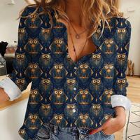 Women Casual Owl Print Shirt, Cute Owl Long Sleeve Button Down Blouse, Vintage Animal Lover Top, Boh