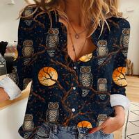 Night Owl Button Down Blouse, Women Casual Owl Moon Shirt, Mystical Owl Print Shirt, Halloween Casua