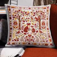 Red Woodland Wonderland Pillow Cover | Fox & Owl Autumn Cushion Cover | Linen Feel Throw Pillow 