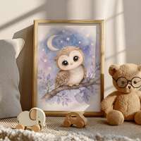 Baby Owl Nursery Wall Art, Woodland Watercolor Print, Moon Stars Kids Room Digital Download