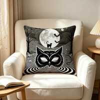 Hypnotic Stripe Pillow Cover：Double‑Sided Owl Mask Black Cat Full Moon (No Insert)