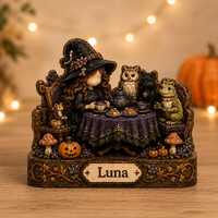 Personalized Witch Tea Party, Custom Name Wooden Block, Black Cat Owl Halloween Shelf Sitter, Witchy