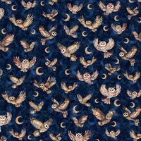 NEW! Night Owls **by HALF Yard Continuous**  Gold Brown Owls on Navy Blue by Dan Morris, 31567-N, QT