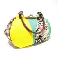 owls, green, yellow, metal frame handbag