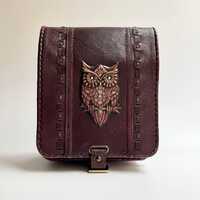 Burgundy Leather Owl Crossbody Bag Artisan Painted Whimsigoth Satchel Unique Gift
