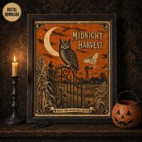 Vintage Halloween Owl Printable, Midnight Harvest Wall Art, Digital Crafting Graphic