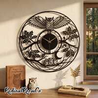Custom Owl Forest Metal Wall Clock, Night Bird Branch Decor, Flying Animal Art