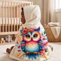 Colorful Floral Owl Hooded Baby Towel | Cute Nursery Bath Wrap Print On Demand
