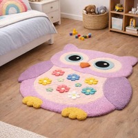 Hand Tufted Wool Owl Rug, Pink Purple Floral Nursery Carpet