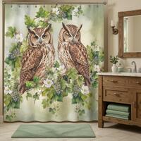 Vintage Owl Illustration Shower Curtain | Botanical Branches, Woodland Birds