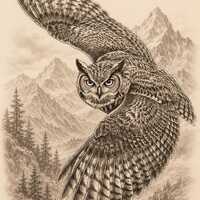 Flying Owl Mountain 3D Illusion Laser Engraving PNG | Wildlife Grayscale Wood Burn | LightBurn Compa