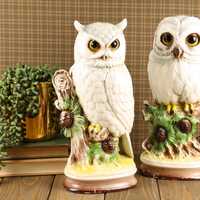 Vintage Norleans Ceramic Owl Pair &ndash; White Owls on Pinecone Branch &ndash; Hand‑Painted &ndas