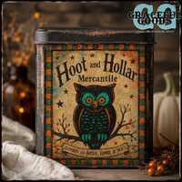 Primitive Halloween Owl Printable Label, Vintage Fall Tin Art, Folk Art Digital Download, Decoupage 