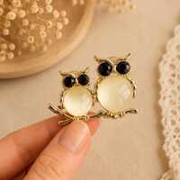 Double Owl Brooch Pin with Cream Cabochons and Black Crystal Eyes, Two Owls on Branch Brooch, Gold-T