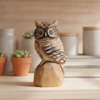 Hand Carved Wooden Owl Figurine Snowy Owl Statue Folk Art Home Decor Desktop Ornament Natural Wood A