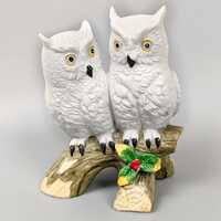 1970s Snow Owls on Holly Branch Figurine, Ceramic, Vintage 70s Home Decor Animal Bird Birds Forest W