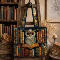 Owl Book Lover Quilted Tote Bag, Library Books Shoulder Bag, Reading Teacher Gift, Vintage Bookish O