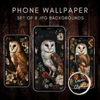 Set of 8 Owl Phone Wallpapers &ndash; Dark Floral Backgrounds (Digital Download)