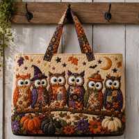 Halloween Owl Quilted Tote Bag, Fall Pumpkin Patchwork Shoulder Bag, Spooky Autumn Bird Purse, Witch