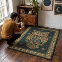 Dark Green Owl Area Rug, Washable Gold Folk Art Print, Living Room Decor