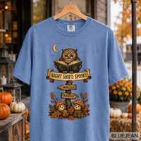Night Shift Spooky Owl Halloween T Shirt Book Lover Fall Tee S-4XL