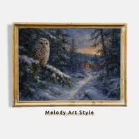 Owl Painting, Owl Artwork, Winter Scene, Snowy Landscape Art, Cabin Decor, Digital Download | P946
