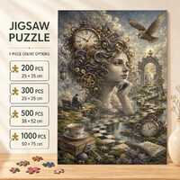 Steampunk Dream Jigsaw Puzzle, Clockwork Woman with Owls and Garden Path, Surreal Vintage Artwork, G